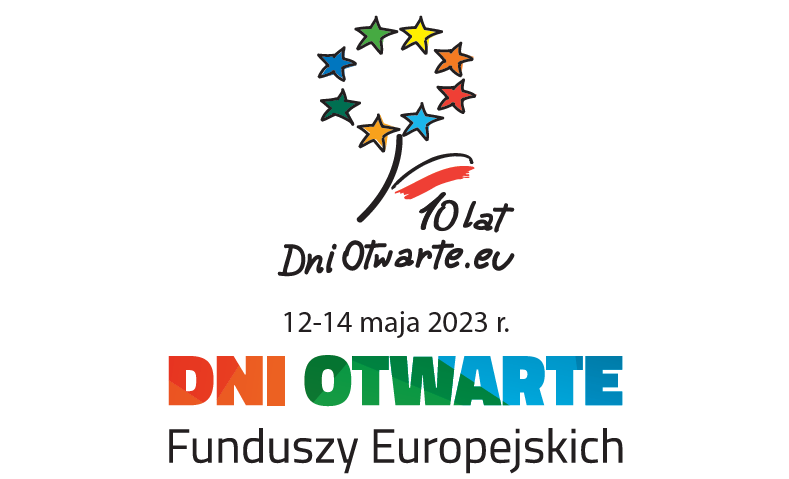Plakat Dni Otwartych Funduszy Europejskich 2023. Logotyp w postaci kwiatka z gwiazdkami zamiast płatków i data 12-14 maja 2023 roku