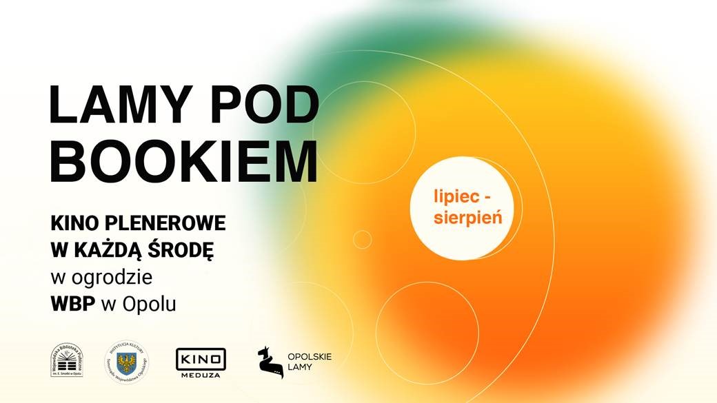 Plakat informacyjny na temat wakacyjnych seansów filmowych w Wojewódzkiej Bibliotece Publicznej w Opolu - w każdą środę do 12 lipca do 30 sierpnia.