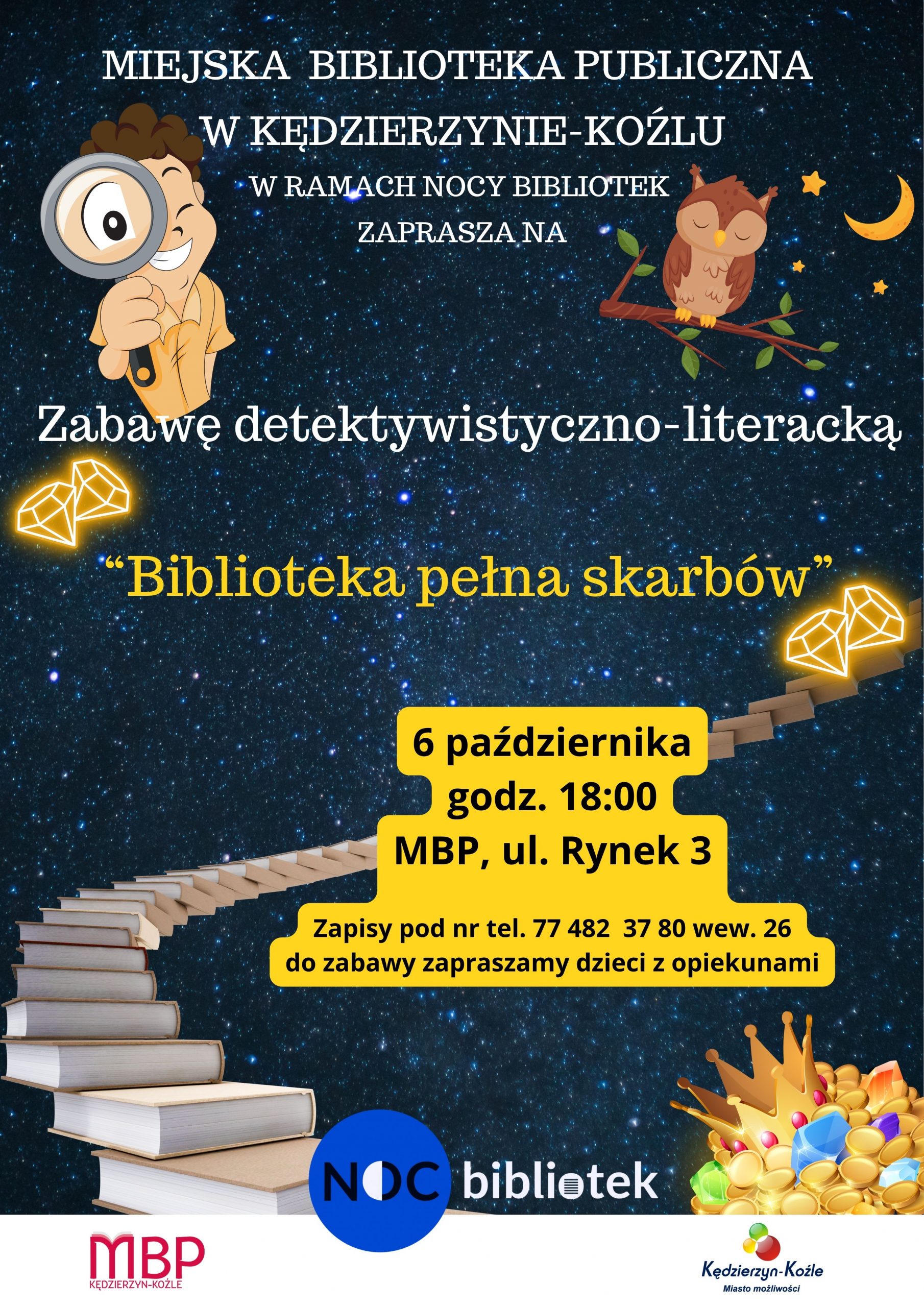 Noc bibliotek w MBP w Kędzierzynie-Koźlu Plakat Zabawa Detektywistyczno-Literacka