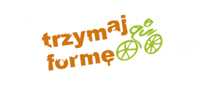 Logo konkursu Trzymaj Formę. Napis i zielony ludzi na rowerze.