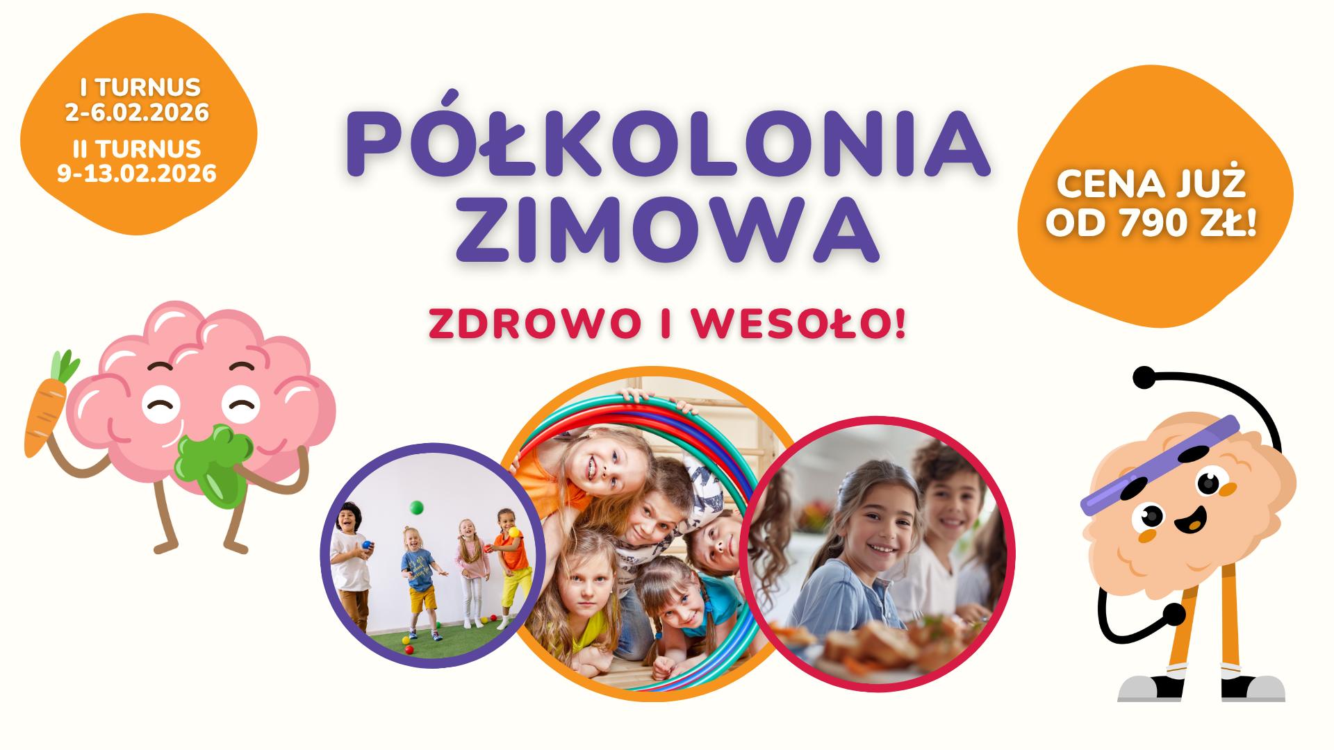 Plakat informujący o półkolonii zimowej w Szkole Języków Obcych Master w Opolu w 2026 roku